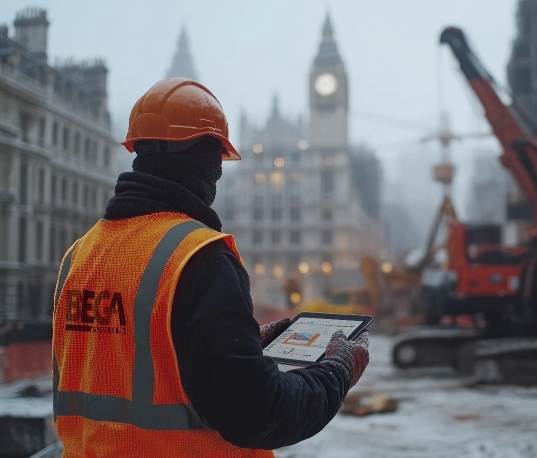 Construction worker looking at a tablet.
